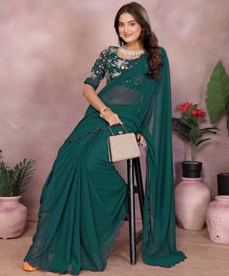 Teal georgette solid saree with embroidery work blouse piece 4