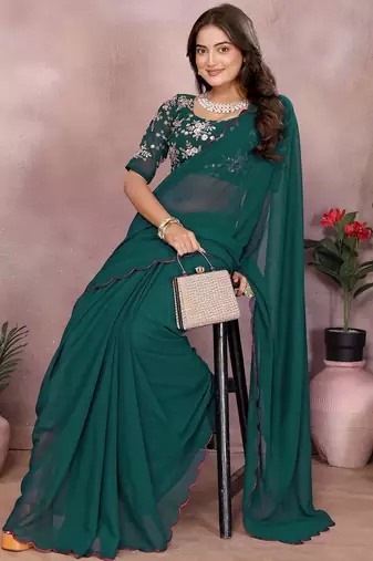 Teal georgette solid saree with embroidery work blouse piece
