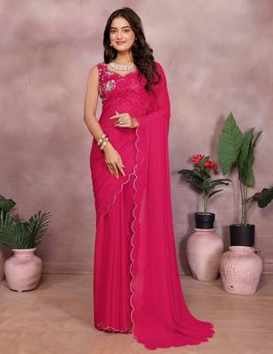 Pink georgette solid saree with embroidery work blouse piece 1