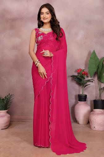 Pink georgette solid saree with embroidery work blouse piece