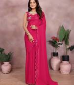 Pink georgette solid saree with embroidery work blouse piece