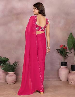 Pink georgette solid saree with embroidery work blouse piece 2