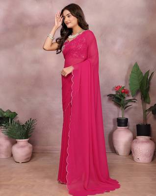Pink georgette solid saree with embroidery work blouse piece 3
