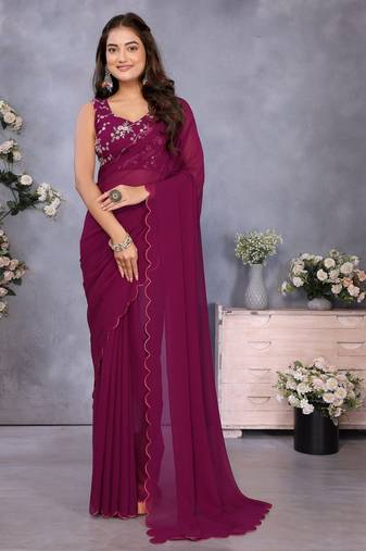 Purple georgette solid saree with embroidery work blouse piece