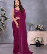 Purple georgette solid saree with embroidery work blouse piece