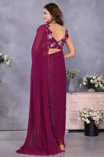 Purple georgette solid saree with embroidery work blouse piece