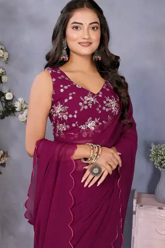 Purple georgette solid saree with embroidery work blouse piece