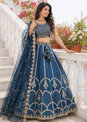 Navy Blue Fentam Silk Embroidered Lehenga Choli with Dupatta for Women | Festive Wedding Wear 2