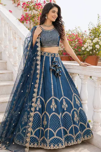 Navy Blue Fentam Silk Embroidered Lehenga Choli with Dupatta for Women | Festive Wedding Wear