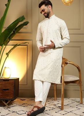 Designer khadi cotton embroidered mirror work wedding kurta payjama 1