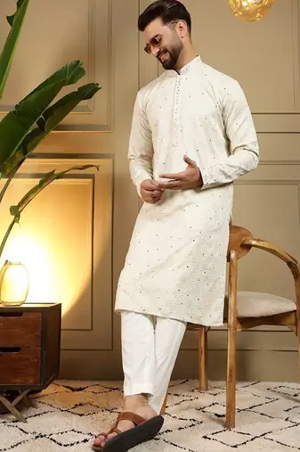 Designer khadi cotton embroidered mirror work wedding kurta payjama