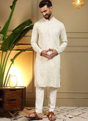 Designer khadi cotton embroidered mirror work wedding kurta payjama 2
