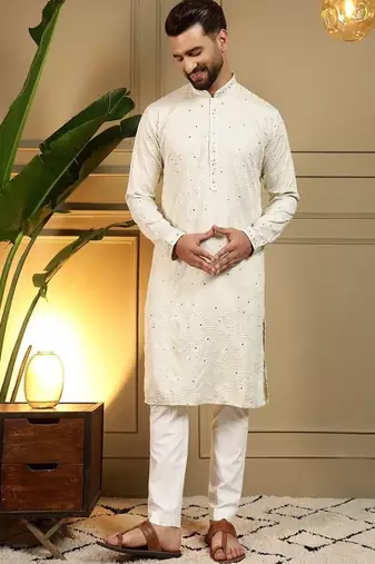 Designer khadi cotton embroidered mirror work wedding kurta payjama