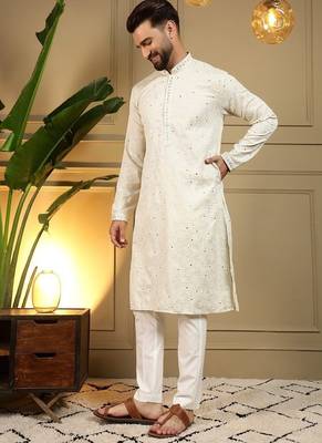 Designer khadi cotton embroidered mirror work wedding kurta payjama 3