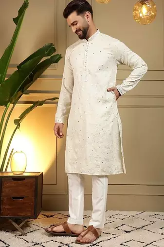 Designer khadi cotton embroidered mirror work wedding kurta payjama