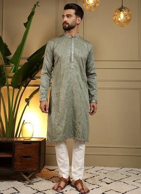 Designer khadi cotton embroidered mirror work wedding kurta payjama 1