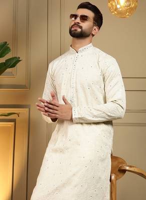 Designer khadi cotton embroidered mirror work wedding kurta payjama 4
