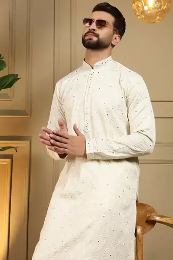 Designer khadi cotton embroidered mirror work wedding kurta payjama