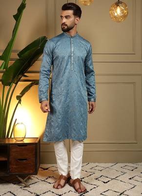 Designer khadi cotton embroidered mirror work wedding kurta payjama 1