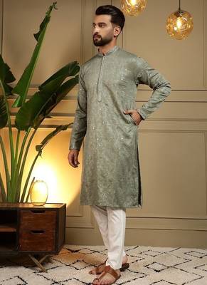 Designer khadi cotton embroidered mirror work wedding kurta payjama 2