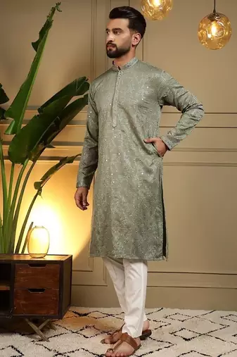Designer khadi cotton embroidered mirror work wedding kurta payjama