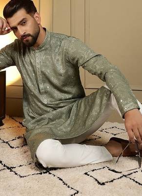 Designer khadi cotton embroidered mirror work wedding kurta payjama 3