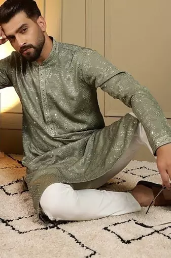 Designer khadi cotton embroidered mirror work wedding kurta payjama