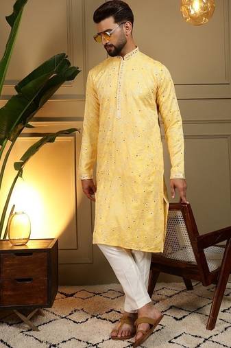 Designer khadi cotton embroidered mirror work wedding kurta payjama