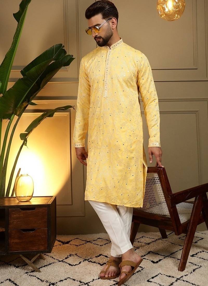 Designer khadi cotton embroidered mirror work wedding kurta payjama