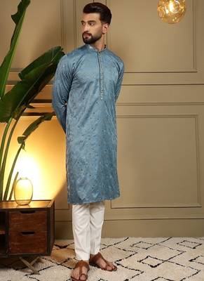Designer khadi cotton embroidered mirror work wedding kurta payjama 2