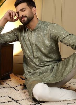 Designer khadi cotton embroidered mirror work wedding kurta payjama 4