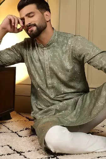 Designer khadi cotton embroidered mirror work wedding kurta payjama