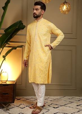 Designer khadi cotton embroidered mirror work wedding kurta payjama 2