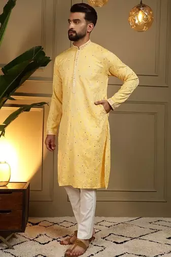 Designer khadi cotton embroidered mirror work wedding kurta payjama