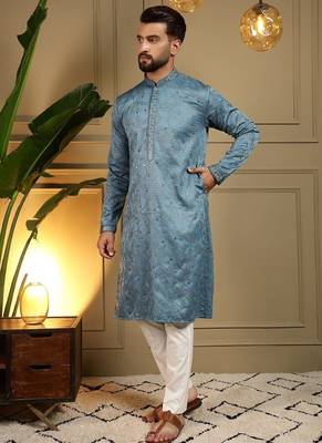 Designer khadi cotton embroidered mirror work wedding kurta payjama 3