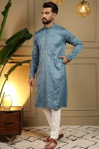 Designer khadi cotton embroidered mirror work wedding kurta payjama