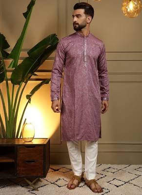 Designer khadi cotton embroidered mirror work wedding kurta payjama 1