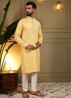 Designer khadi cotton embroidered mirror work wedding kurta payjama 3