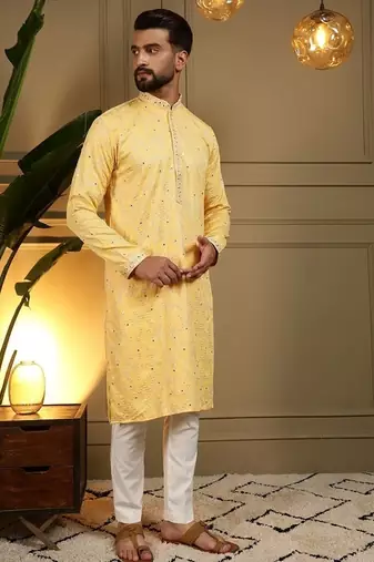 Designer khadi cotton embroidered mirror work wedding kurta payjama