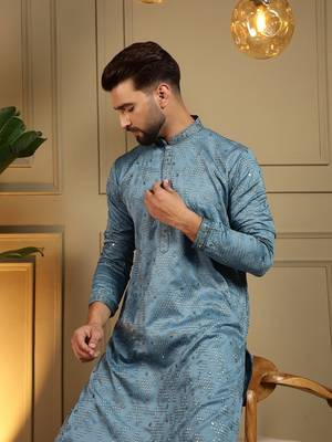 Designer khadi cotton embroidered mirror work wedding kurta payjama 4