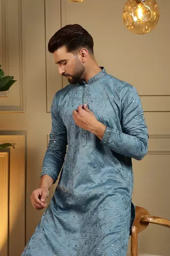 Designer khadi cotton embroidered mirror work wedding kurta payjama