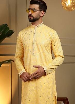Designer khadi cotton embroidered mirror work wedding kurta payjama 4