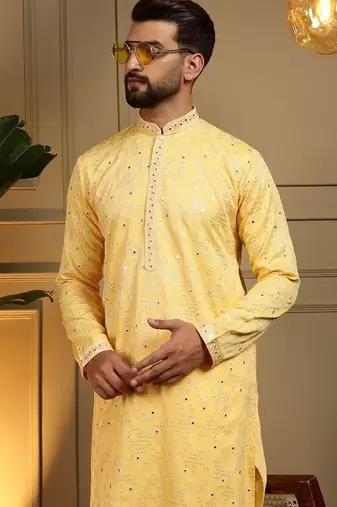 Designer khadi cotton embroidered mirror work wedding kurta payjama