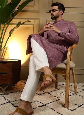 Designer khadi cotton embroidered mirror work wedding kurta payjama 3