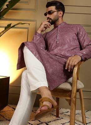 Designer khadi cotton embroidered mirror work wedding kurta payjama 4