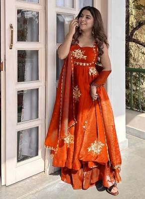 Orange Fendy Silk Flared Gown Sharara Set with Sequence Embroidery & Dupatta 1