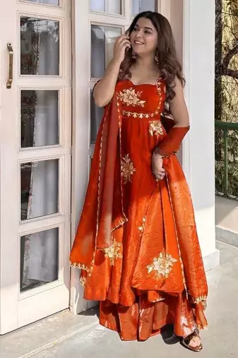 Orange Fendy Silk Flared Gown Sharara Set with Sequence Embroidery & Dupatta
