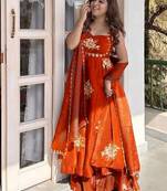Orange Fendy Silk Flared Gown Sharara Set with Sequence Embroidery & Dupatta