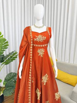 Orange Fendy Silk Flared Gown Sharara Set with Sequence Embroidery & Dupatta 3