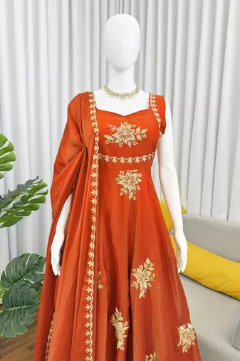 Orange Fendy Silk Flared Gown Sharara Set with Sequence Embroidery & Dupatta